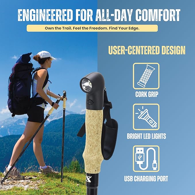 Collapsible Tactical Walking Stick with LED Light, USB Charging, Cork Grip, and Survival Tools – Aircraft Aluminum Trekking Pole for Hiking, Camping, Outdoors & Self Defense