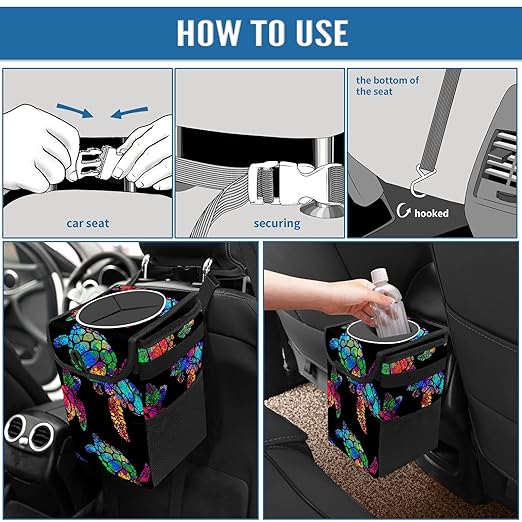 Colorful Sea Turtle Animal Car Trash Can with Lid Collapsible Reusable Waterproof Automotive Garbage Can,Car Organizer