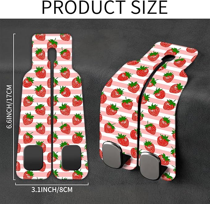 1 Pack Car Seat Headrest Hooks for Purses and Bags Watercolor Pink Strawberry Striped Bag Purse Holder for Car with Double Metal Hooks Car Purse Hanger Hanging Accessories