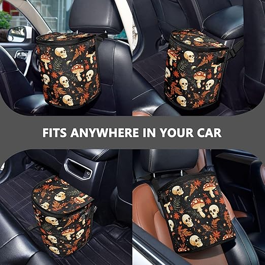 MNSRUU Car Trash Can with Lid, Mushrooms Skull Car Trash Bag Hanging Organizers and Storage for Front Back Seat, Leak-Proof Trash Bin