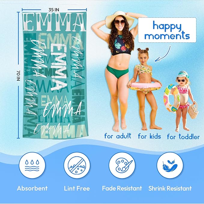 JML Personalized Beach Towel with Name, Custom Beach Towel with Name, Customized Microfiber Pool Towel, Quick Dry & Absorbent Swim Towel for Adult,Anniversary, Birthday, Summer Holiday,Vacation