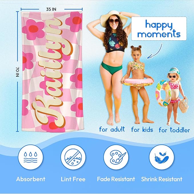JML Personalized Beach Towel with Name, Custom Flower Beach Towel, Customized Microfiber Pool Towel, Quick Dry & Absorbent Swim Towel for Adult,Anniversary, Birthday, Summer Holiday,Vacation