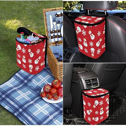 1.2 Gallons Car Can Trash Bag, Christmas Snowman Trash Bags for Cars, Adjustable Hanging for Tail of Console/Back of Seats, with Zipper Leak-Proof Lid Design, Washable, Easy to Install