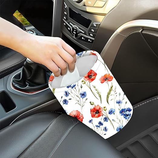 Car Trash Bag Watercolor Red Blue Flowers Waterproof Trash Small Car Can Portable Collapsible Car Garbage Can Hanging for Back Seat Floor or Hanging Headrest Car Decor Road Trip Essentials