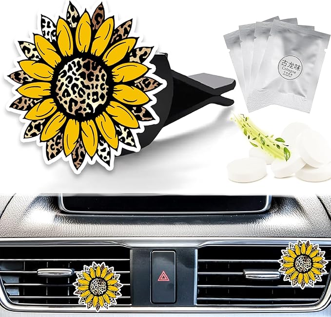 Cute Car Air Freshener Clips Leopard Sunflower Car Vent Clip Sunflower Cars Scents Cologne Air Conditioner Clip Auto Vent Interior Decoration Cars Accessories Sunflowers Loves Gifts for Women Men