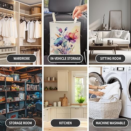 Cute Car Trash Can, Hanging Canvas Car Back Seat Organizer and Storage Bag, Funny Car Trash Bag For Travelling, Outdoor Watercolor Beautiful Flowers