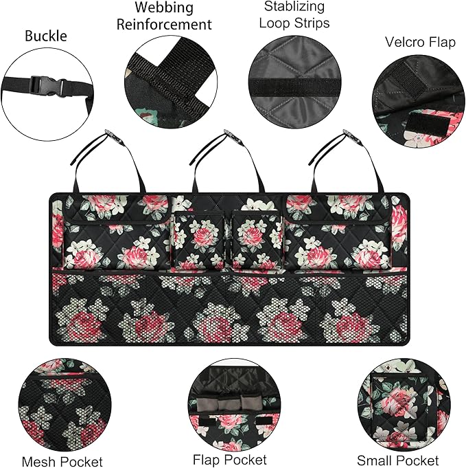 Femuar Car Trunk Organizer,Large Capacity Backseat Trunk Organizer(42"*18"),Collapsible Car Storage Bag with 8 Pocekt,Car Organizer for SUV/MPV/Truck - Floral