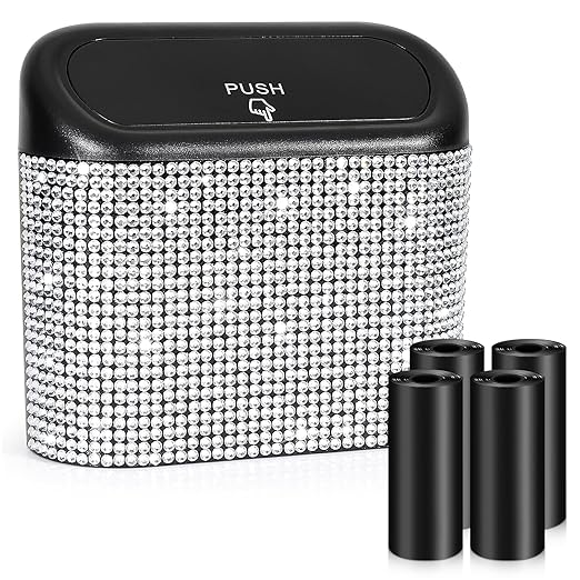 Accmor Bling Car Trash Can with Lid, Mini Auto Garbage Storage Bin with 60pcs Garbage Bags, Sparkling Crystal Trash Bags Holder Dustbin Vehicle Accessories Container Organizer (White Rhinestone)