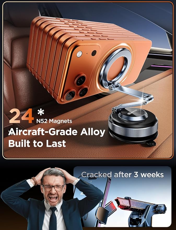 Car Phone Holder 360° Adjustable Tesla Phone Mount Foldable 2026 MagSafe Car Mount Zinc-Alloy Tesla Phone Holders for Your Car for iPhone 17 Pro Max 16 15 14 13 12 Plus, Carbon Fiber