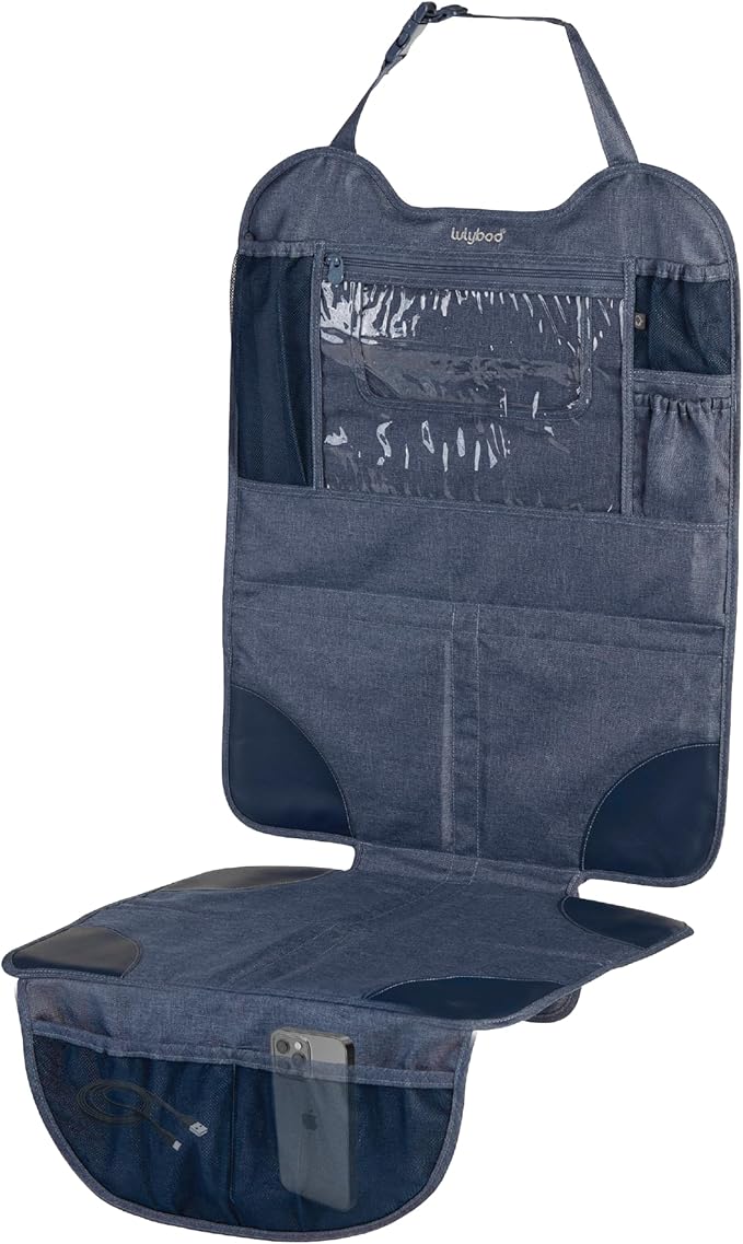Lulyboo Car Seat Protector & Organizer for Baby - Denim Kick Mat with Extra Storage, Built-in Tablet Holder, Back & Front Facing Shield, Compatible with All Vehicles, Leakproof & Easy to Install
