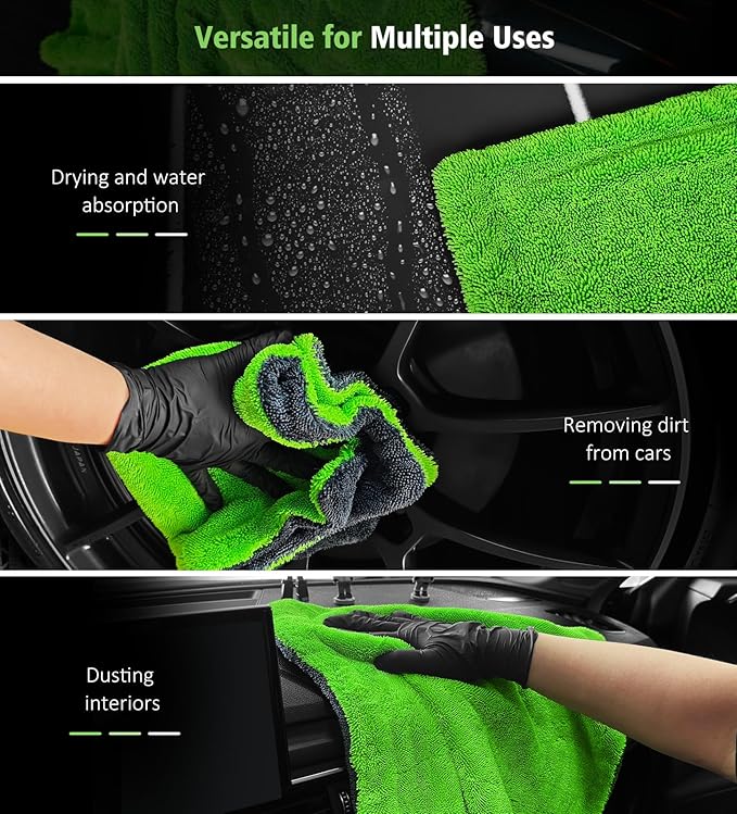 YeewayVeh 2-Pack 16"x16" Car Detailing Drying Towels, 1400 GSM Microfiber Drying Towels, for Final Water Chasing, Safe Drying of Gaps, Mirrors & Vehicle Interiors, Green