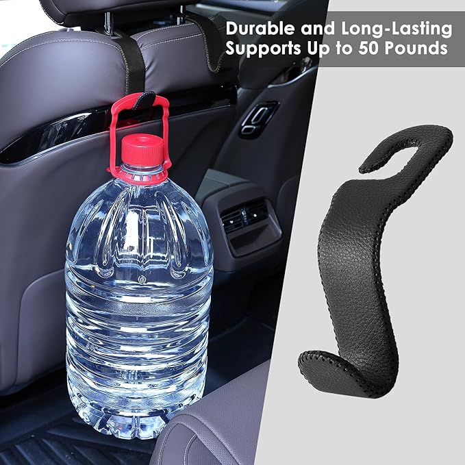 Leather Car Seat Hooks - U-Shaped Purse Holder for Car, Fully Leather-Wrapped Headrest Hooks for Purses, Bags & Coats, Durable Seat Back Organizer for Travel & Daily Use (Black, 2 Pack)