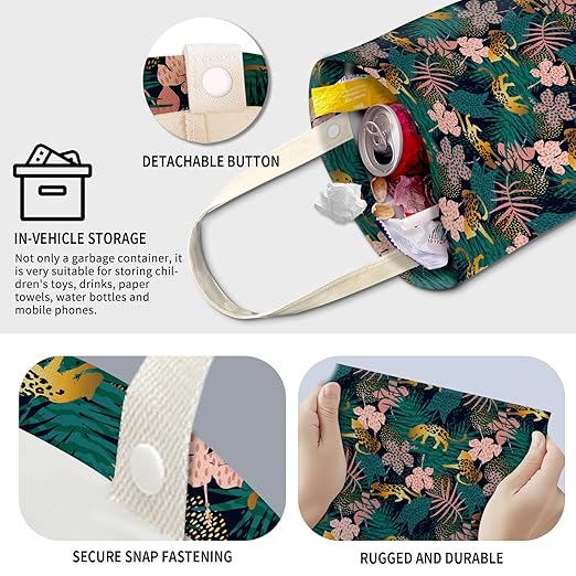 Cute Car Trash Can, Hanging Canvas Car Back Seat Organizer and Storage Bag, Funny Car Trash Bag For Travelling, Outdoor Tropical Leopard Jungle