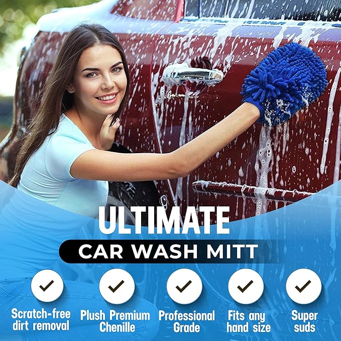 Ultra Plush Microfiber Car Wash Mitt - Scratch-Free, Lint-Free, Extra Absorbent, Machine Washable - Detailing Chenille Cleaning Mitt Perfect for Cars, Trucks, Motorcycles, and Household Surfaces