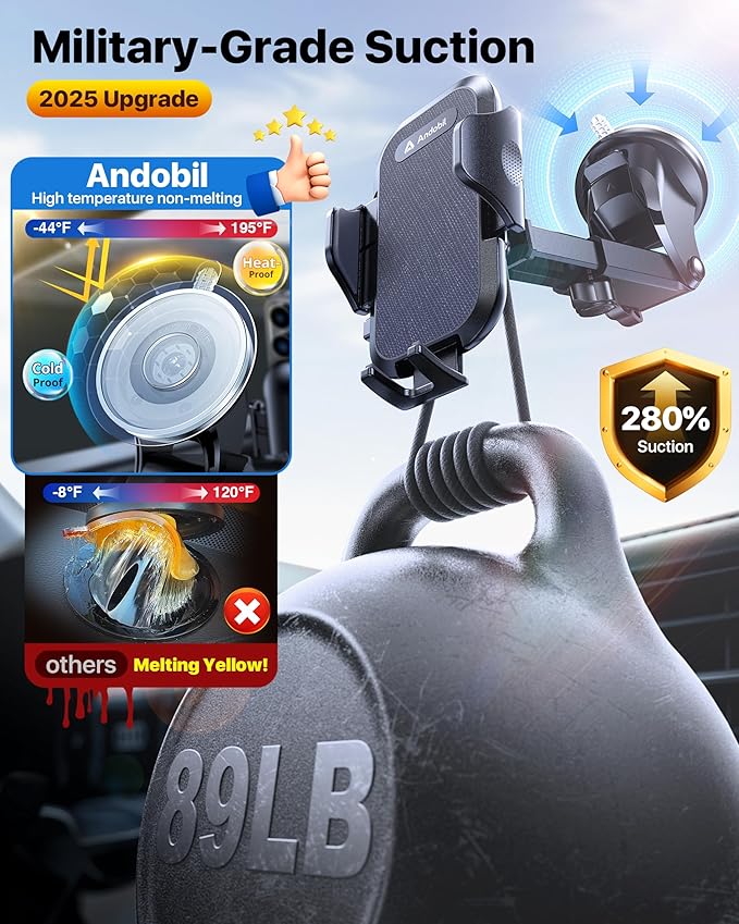 andobil Car Phone Holder Mount (Strong Suction&Bumpy Road Stable) Phone Holders for Your Car, Cell Phone Car Mount for Windshield Dash Vent Truck Cradle Stand for iPhone 17 16 15 14 Pro Max, Blue