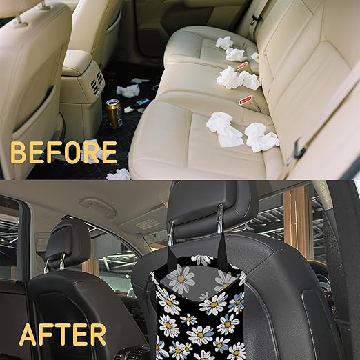 White Daisy Flowers Car Trash Bag, Strap Drawstring Car Garbage Bags,Car Back Seat Organizer with Adjustable Buckle for Car Accessories