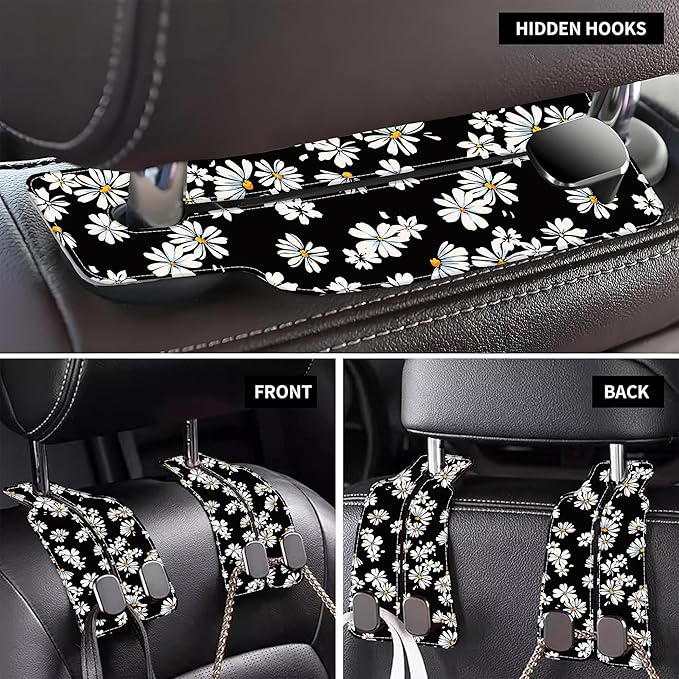 1 Pack Car Seat Headrest Hooks for Purses and Bags Watercolor Daisy Floral Bag Purse Holder for Car with Double Metal Hooks Car Purse Hanger Hanging Accessories