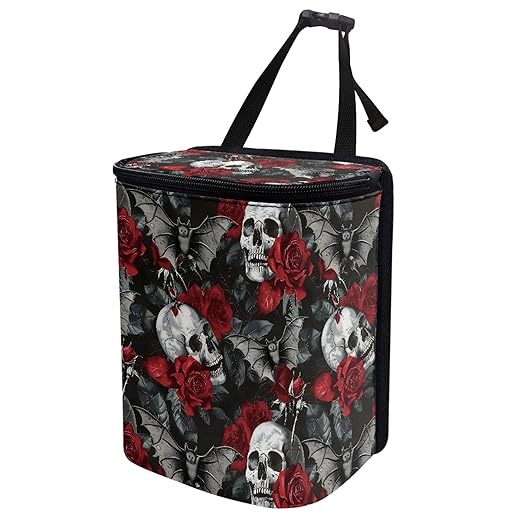 Gothic Skull Car Trash Bags for Back Seat Rose Auto Hanging Trash Can with Lid Car Trash Bag Storage Organizer Universal Automobile Interior Accessories