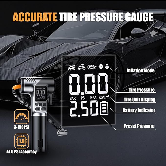 Tire Inflator Portable Air Compressor, 150PSI Pump with Digital Pressure Gauge & Auto Shut-Off for Car/Bike/Motorcycle Tires&Ball, with LED Light, Safety Hammer & Seatbelt Cutter Function