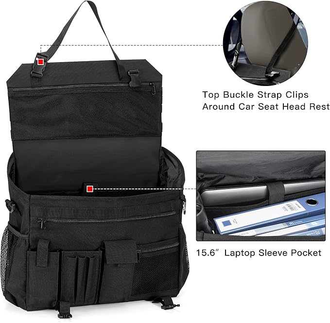 Trunab Patrol Bag, Car Front Seat Organizer, Police Duty Bag for Law Enforcement with 15.6” Laptop Sleeve, Molle Webbing, Multiple Compartment, Removable Straps, Black