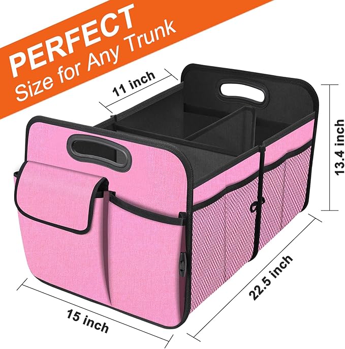 Trunk Organizer, Collapsible Trunk Organizers and Storage, Car Accessories for Women and Men, Multi-Compartment Trunk Storage Organizer for SUV, Car, Mini-Van, Pink