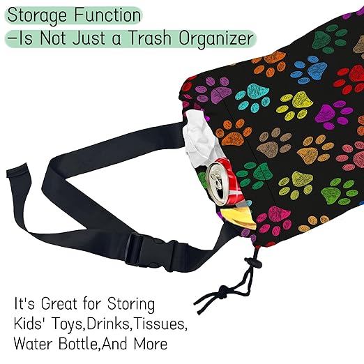 Colorful Paw Prints Car Trash Bag,Hanging Drawstring Car Garbage Bag,Waterproof Canvas Car Back Seat Organizer with Adjustable Buckle,for Vehicles,SUVs,Camping,Road Trips