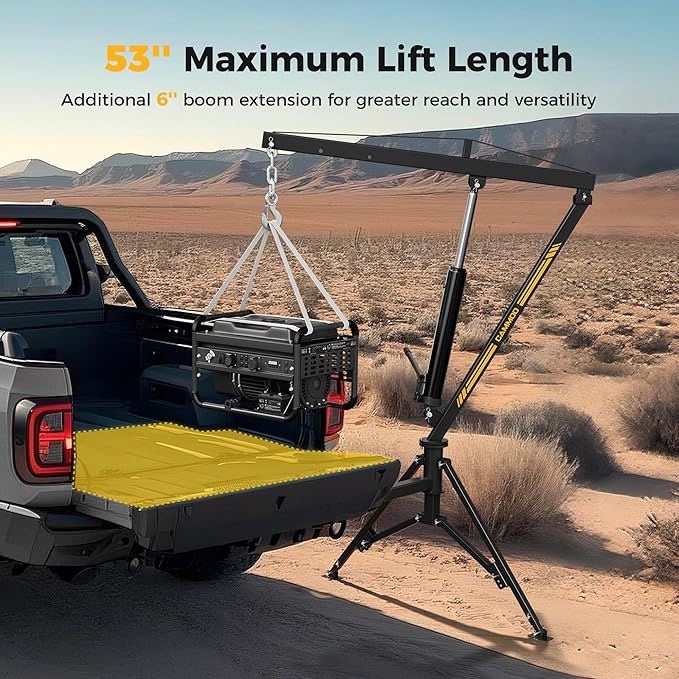 1000lbs Receiver Hitch Mounted Hydraulic 360° Swivel Truck Crane with 3 Boom Capacity Options: 500lbs, 750lbs, 1000lbs. Ideal for Workshops, Construction, Agriculture, and Logging, Black