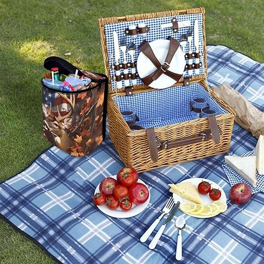 Camo Deer Car Trash Can American Flag Trash Bin with Zip Closure Hanging Vehicles Boat Camping Picnic Storage Organizer Bag Automotive Accessories