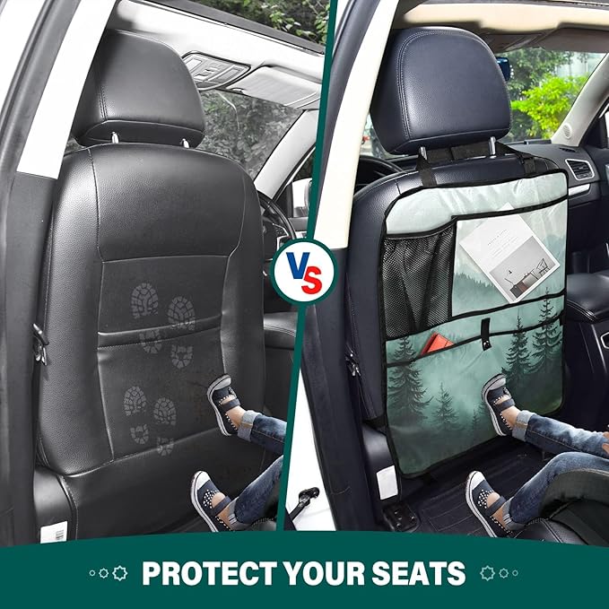 1 Pack Back Seat Car Organizer with Storage Pockets Kick Mats Back Seat Protector Hanging Car Organizer Automotive Seat Back Cover Organizers Green Mountains and Pine Trees