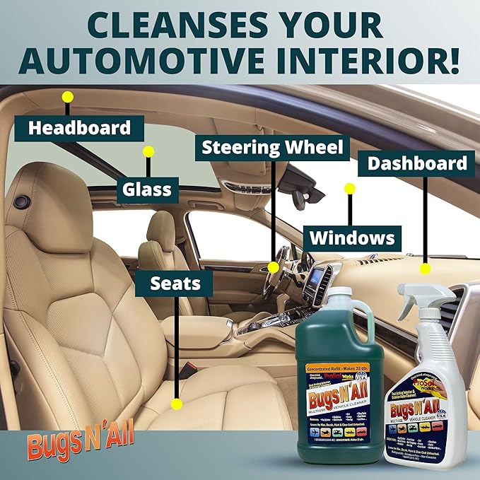 Bugs N’ All Multipurpose Car Cleaner & Degreaser - Bug & Tar Remover Concentrate 1 Gallon - Exterior Cleaner Safe for Car Paint, Metal, Chrome, Aluminum, Windows & Mirrors - w/Free 32 oz Spray Bottle