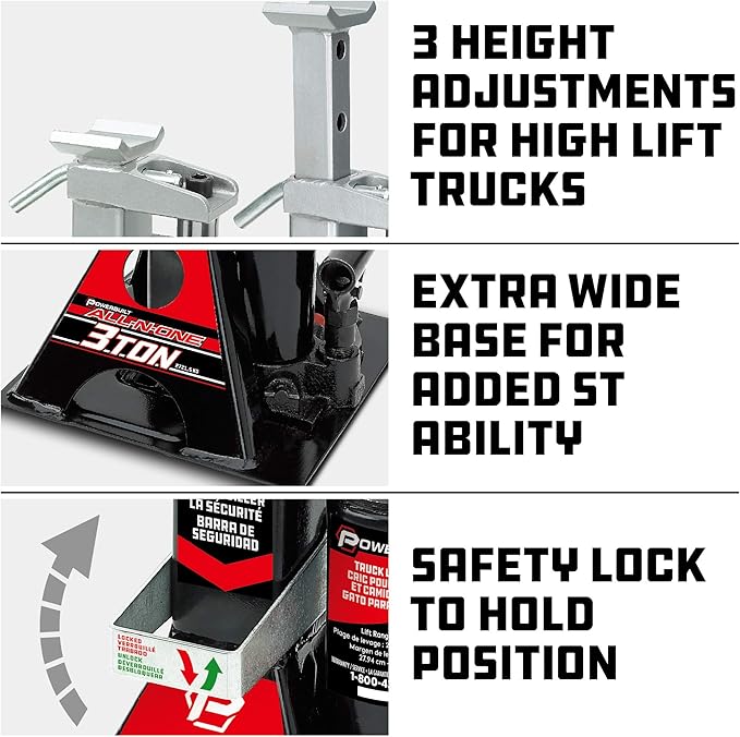 POWERBUILT 3 Ton All-in-One Hydraulic Bottle Jack and Jackstand in One, Compact, Wide Base, 11-21 Inch Range, Eliminates Jackstands, for Trucks, SUVs, RVs, Trailers, ASME, Not for Sedans - 640912