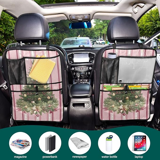 1 Pack Back Seat Car Organizer with Storage Pockets Kick Mats Back Seat Protector Hanging Car Organizer Automotive Seat Back Cover Organizers Cute Pink Striped Christmas Tree