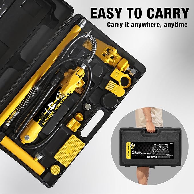 YELLOW JACKET 4 ton Porta Power Kit Hydraulic Ram Jack Pusher Puller Auto Body Frame Repair Tool with Blow Mold Carrying Storage Case for Car Repair,Truck,Farm