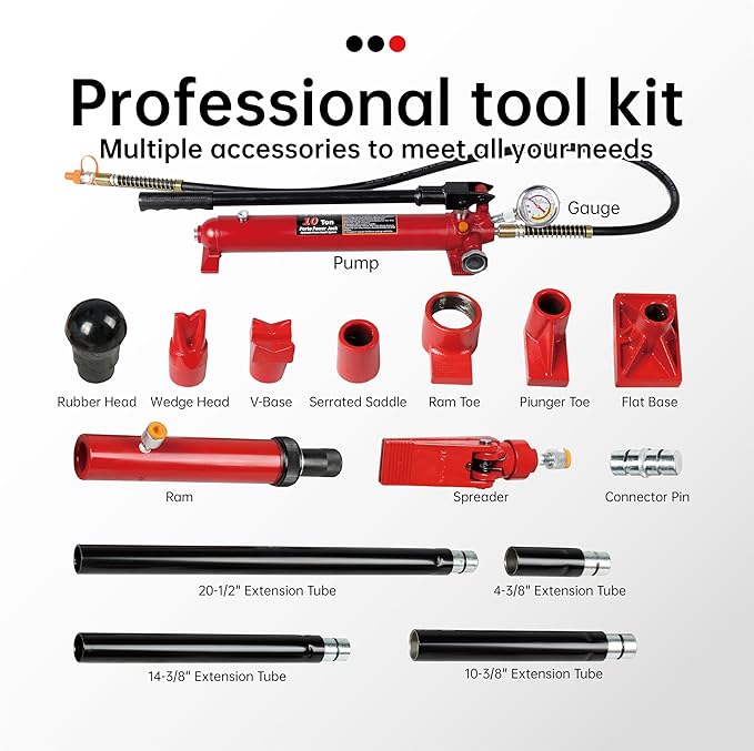 10 Ton (20,000 lbs Capacity) Porta Power Jack Hydraulic Ram Auto Body Frame Collision Repair Kit Set, 17-Pcs, with Blow Mold Carrying Case and Gauge