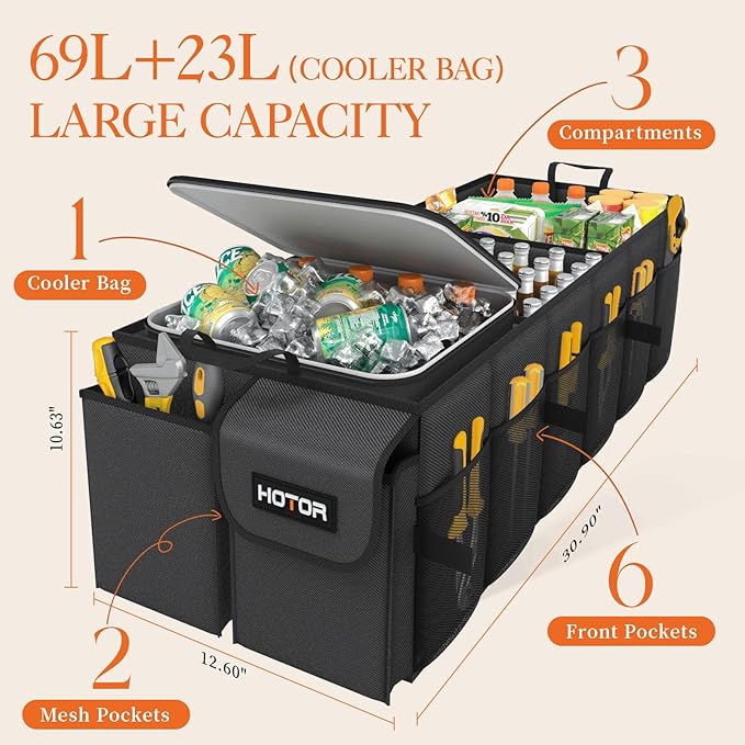 HOTOR Trunk Organizer, Sturdy Foldable with Cooler for Car & SUV, 3 Compartments, Black, 30.90”×12.60”×10.63”