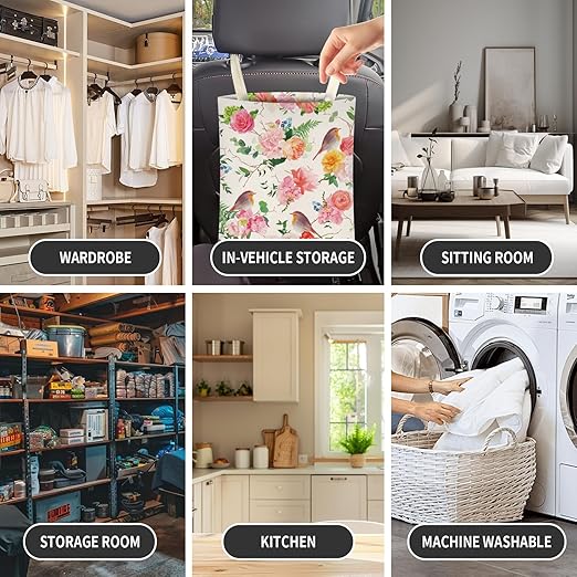 Cute Car Trash Can, Hanging Canvas Car Back Seat Organizer and Storage Bag, Funny Car Trash Bag For Travelling, Outdoor Cute Pink Flower Brid