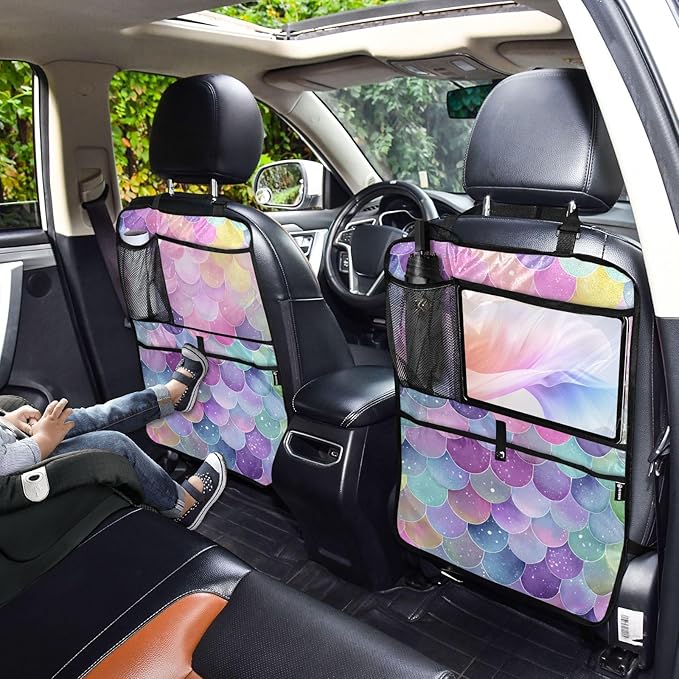 1 Pack Back Seat Car Organizer with Storage Pockets Kick Mats Back Seat Protector Hanging Car Organizer Automotive Seat Back Cover Organizers Watercolor Mermaid Scales Colors