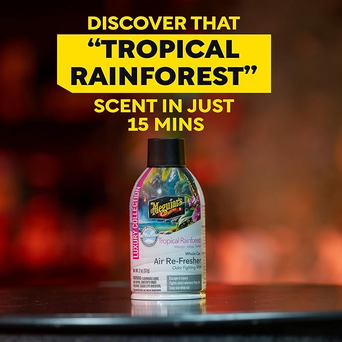 Meguiar's Car Air Refresher Odor Fighting Mist – Tropical Rainforest, Long-Lasting Car Freshener Fights Strong & Unwanted Smells Renewing Interiors with a Luxurious & Refreshing Scent, 2 oz Aerosol