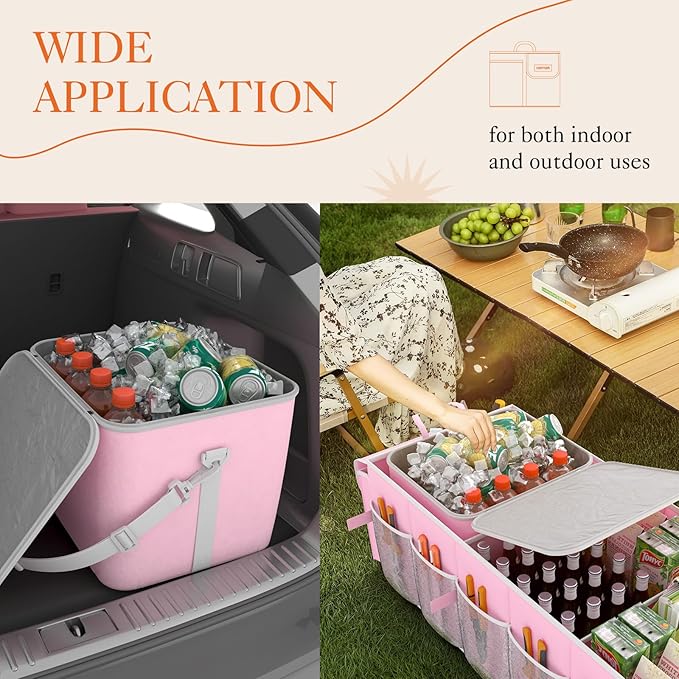 HOTOR Trunk Organizer, Sturdy Foldable with Cooler for Car & SUV, 3 Compartments, Pink, 30.90”×12.60”×10.63”
