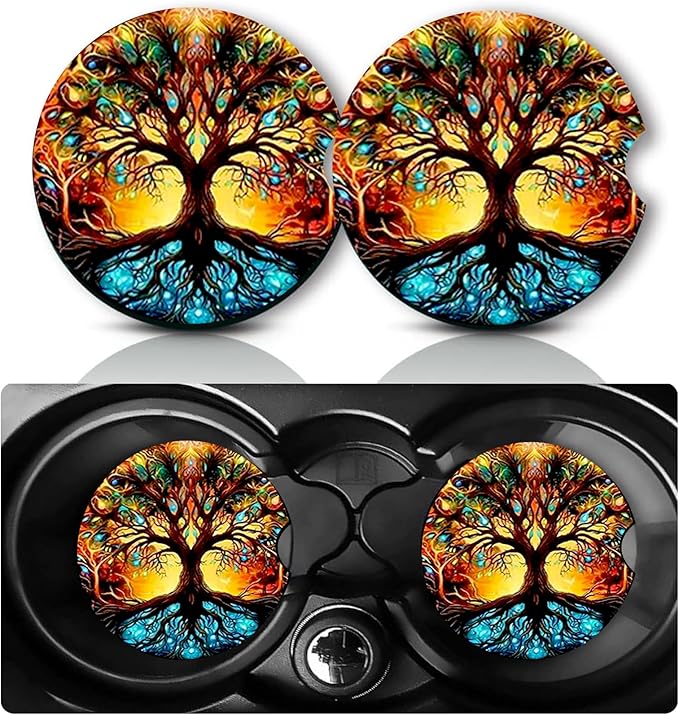 Car Coasters for Cup Holders,2 PCS Universal Non-Slip Rainbow Tree Car Coasters,2.75" Rubber Mat,Tree of Life Cars Accessories Cup Drink Holder Coaster Decor Trees of Life Gifts for Women,Men,Mom