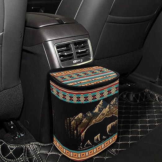 Southwest Aztec Bear Car Trash Can with Lid Portable Garbage Can Hanging for Headrest Leakproof Organizer and Storage Bag Automobile Accessories