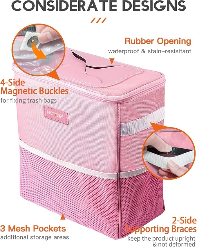 HOTOR 3 Gallons Car Trash Can, Ultra Large Capacity Organizer and Storage with Adjustable Straps & Magnetic Snaps, Waterproof Car Accessory for Interior Car Stuff Storage, Pink