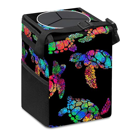 Colorful Sea Turtle Animal Car Trash Can with Lid Collapsible Reusable Waterproof Automotive Garbage Can,Car Organizer