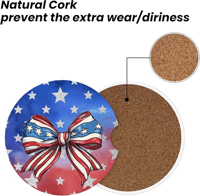 Absorbent Car Coasters for Cup Holders, 2 Pack Universal Anti Slip Ceramic Cup Coaster for Women Men 2.56 Inch Car Interior Accessories - Bow Tie Stars and Stripes 019