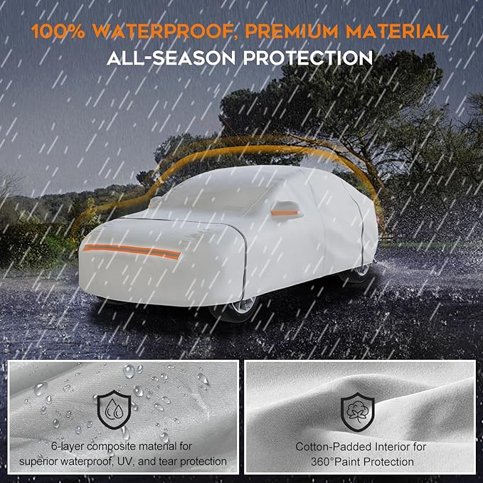Waterproof Hatchback Car Cover: 6-Layer Protection from Rain, Snow, UV & Dust - Universal Fit up to 177 inches with Zipper Door & Windproof Straps for Outdoor, Garage, Travel Use,Silver
