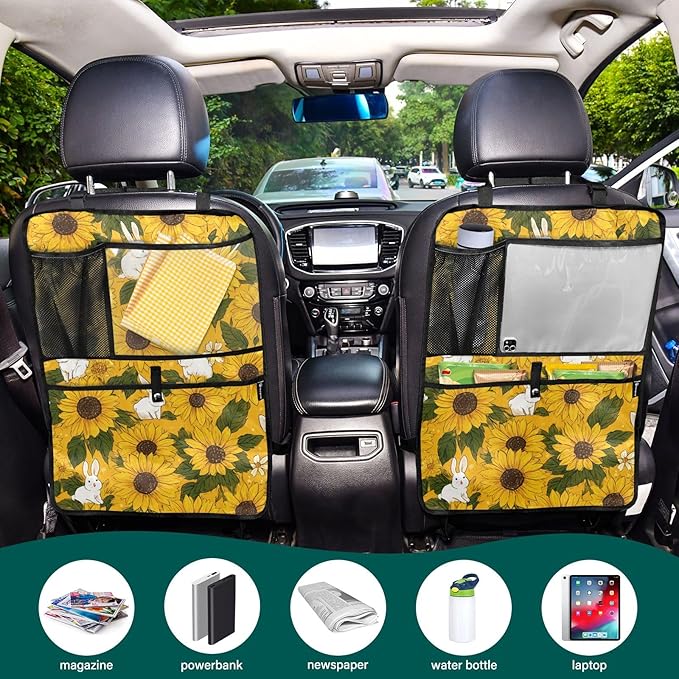 1 Pack Back Seat Car Organizer with Storage Pockets Kick Mats Back Seat Protector Hanging Car Organizer Automotive Seat Back Cover Organizers Autumn Sunflower and Cute Rabbit