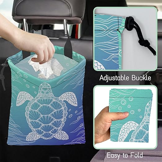 Sea Turtle Car Trash Bag,Hanging Drawstring Car Garbage Bag,Waterproof Canvas Car Back Seat Organizer with Adjustable Buckle,for Vehicles,SUVs,Camping,Road Trips