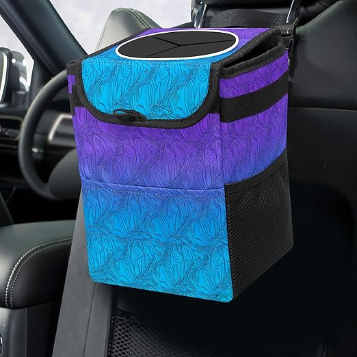 Car Trash Can with Lid & Multiple Pockets ,Foldable Vehicle Garbage Bin Waterproof & Leak Proof Automotive Garbage Cans Car Accessories for Women Men Road Trip Essentials Purple Blue Gradient