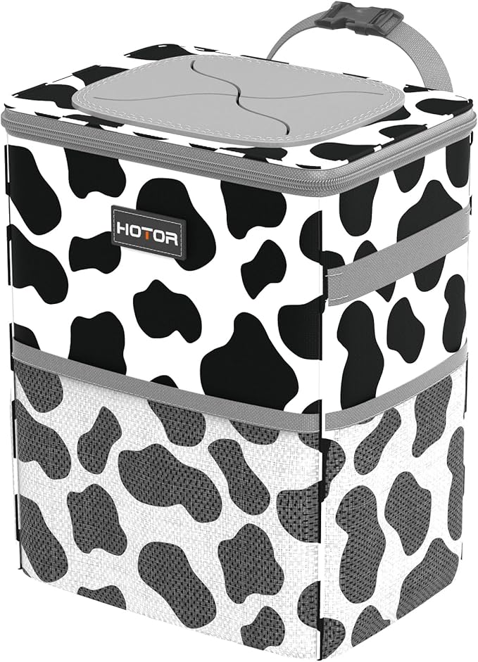 HOTOR Car Trash Can with Lid and Storage Pockets - 100% Leak-Proof Organizer, Waterproof Garbage Can, Multipurpose Trash Bin for Car, 2 Gallons, Cow