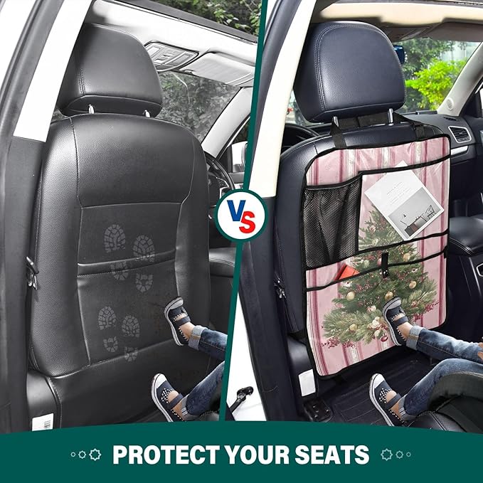 1 Pack Back Seat Car Organizer with Storage Pockets Kick Mats Back Seat Protector Hanging Car Organizer Automotive Seat Back Cover Organizers Cute Pink Striped Christmas Tree